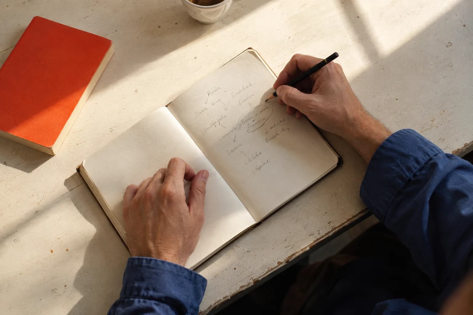 A writer sketching ideas in a notebook at a sunlit desk, beside an orange book.