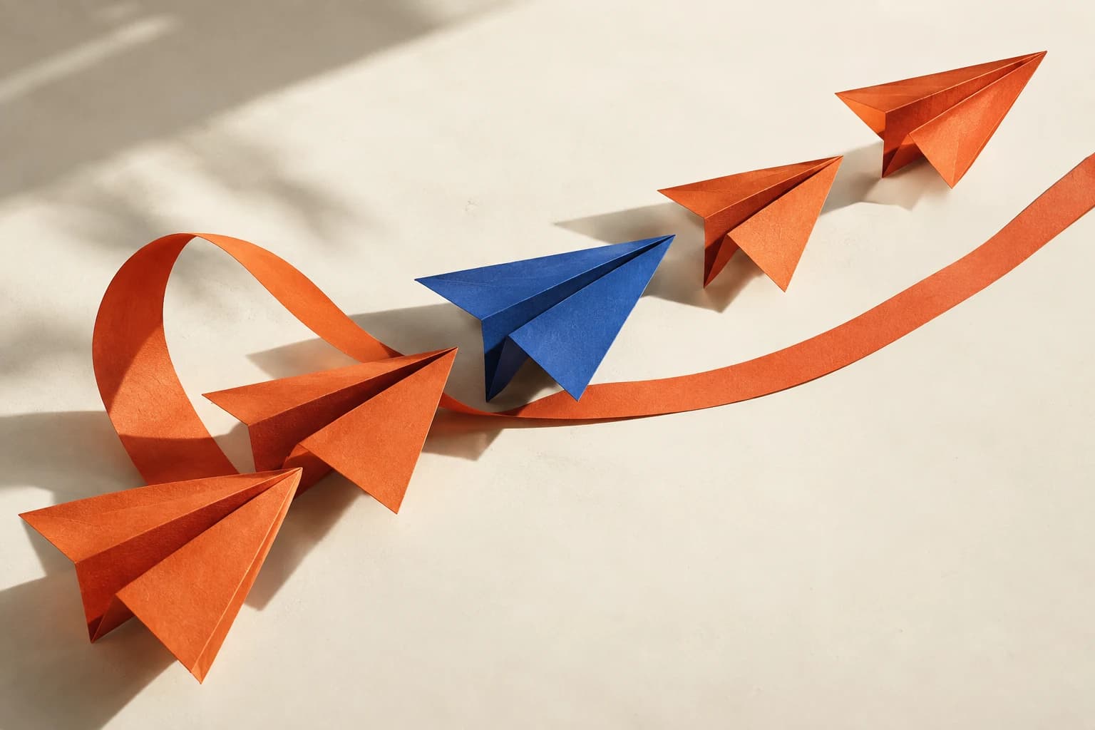 Hand-folded orange and blue paper planes following a ribbon across a sunlit surface.
